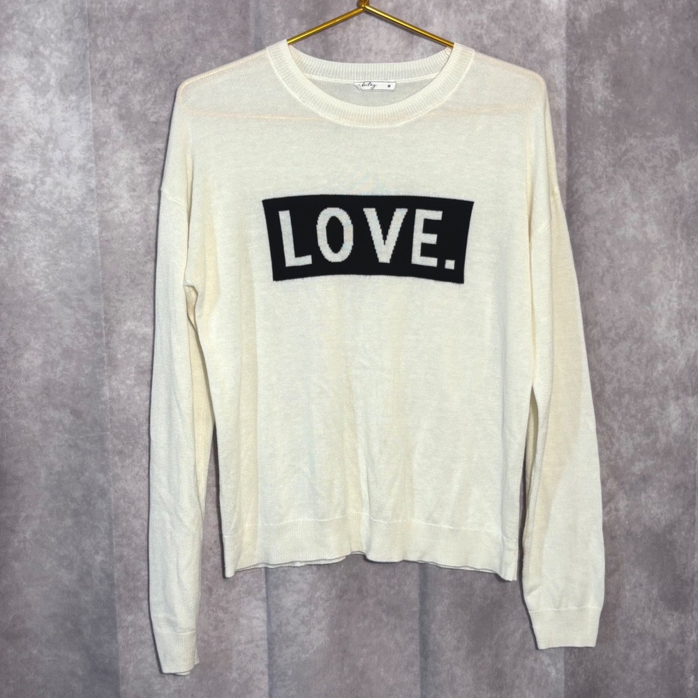 BRIT NY LOVE Cashmere Blend Graphic Sweater Womens Size Medium Cream Lightweight